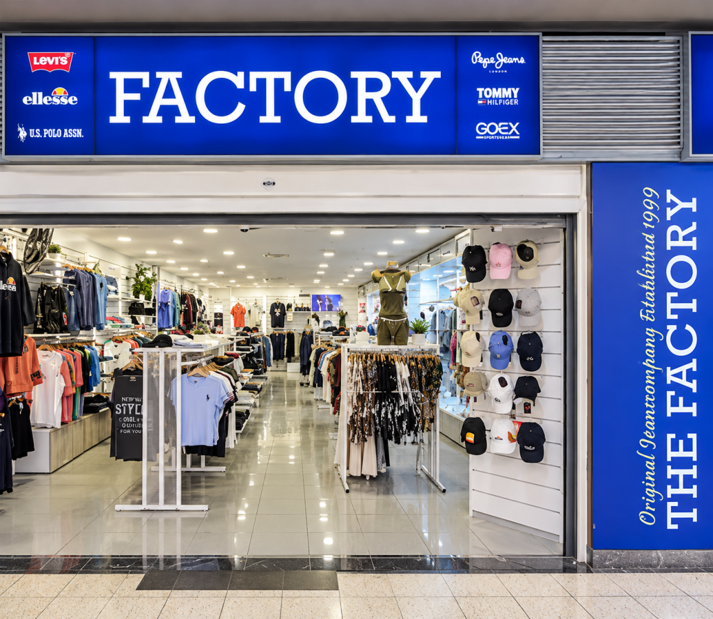 Escaparate azul de tienda Factory